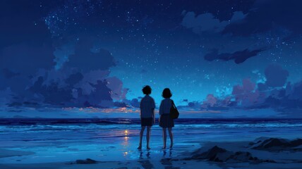 Fototapeta premium Two people stand on the beach at night under the stars while looking out at the ocean during a summer evening