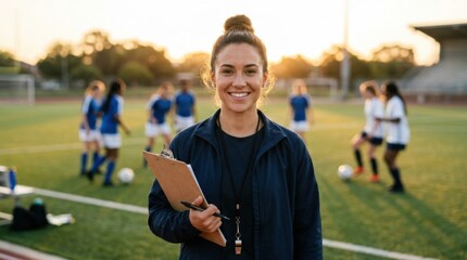 Fototapeta premium Female Soccer Coach On Training Field