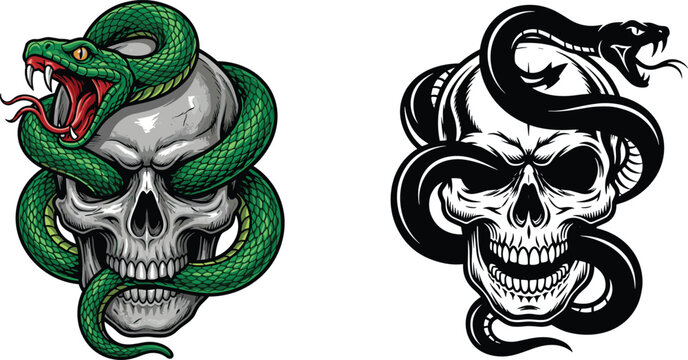Skull and Snake Tattoo Design in Color and Black White Style for Gothic Horror Dark Art Biker Logo Design