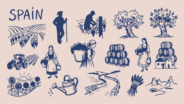 Rural village harvest map, traditional agricultural labor sketch, minimalist rustic culture art, clean village life illustration, premium harvest destination vector, isolated travel assets, iconic fol