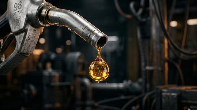 Fuel pump nozzle with a single golden drop in a dark industrial environment, gasoline, oil, energy, petroleum, station