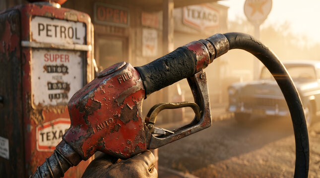 Gasoline pump and old nozzle with weathered paint and rustic textures in golden hour light, americana, station, transport, nostalgic, travel