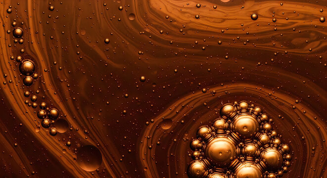 Golden liquid bubbles floating in dark brown viscous oil creating an abstract pattern with macro photography and cinematic lighting effects