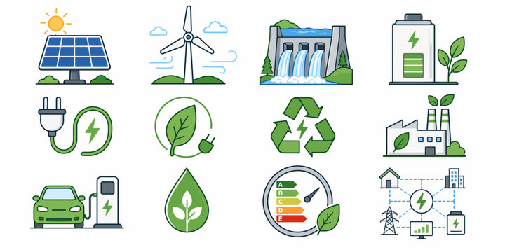 Green energy icons illustrate sustainable power solutions with solar panels, wind turbines, and eco-friendly practices in a modern setting.