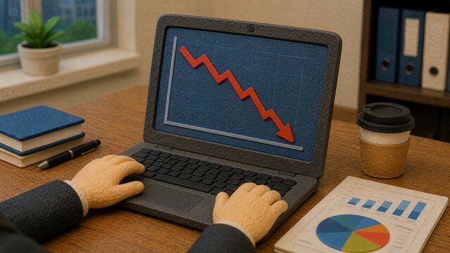 粘土細工の手がオフィスデスクで下降グラフのノートパソコンを操作する場面