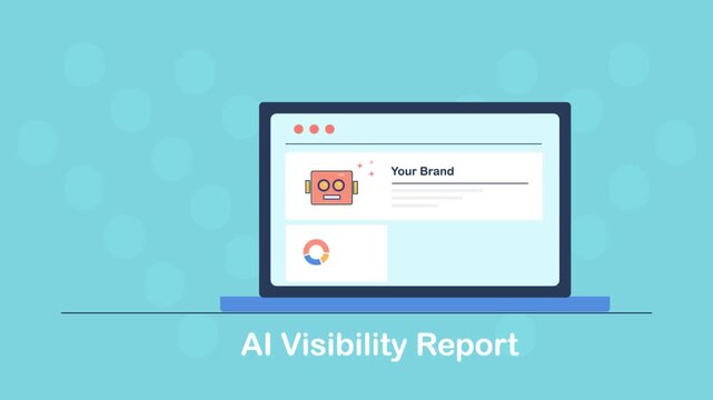AI visibility report, brand mention and search appearance data on laptop interface, SEO expert reviews performance document.