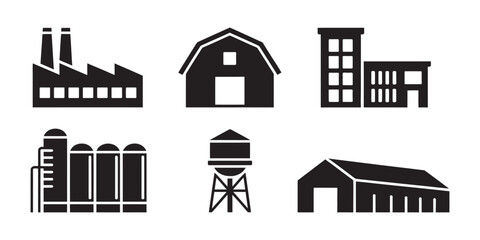Fototapeta premium Industrial Building Icon Set, Factory Warehouse Silo Water Tower Symbols, Manufacturing and Logistics Vector Illustration Collection