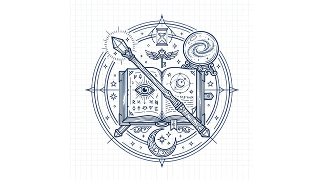 Mystical Magic Book, Crystal Ball, and Wand on Blueprint Background