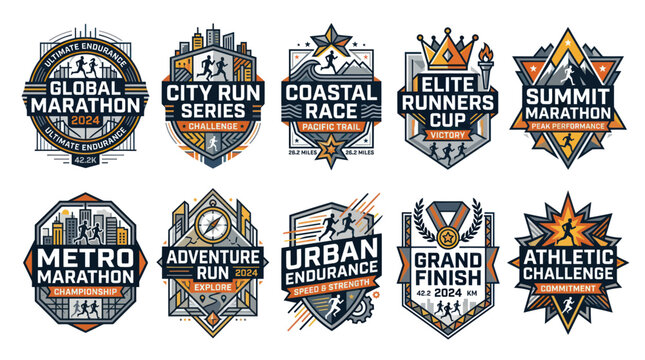 Running Race Event Badges and Emblems Collection - Marathon, Urban, Coastal