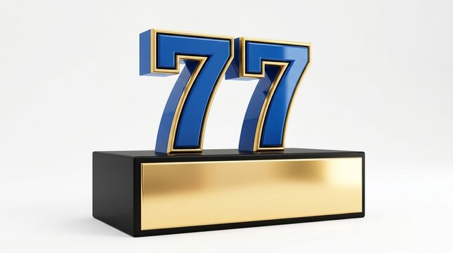 Number 77 award golden trophy with blue numerals on white background