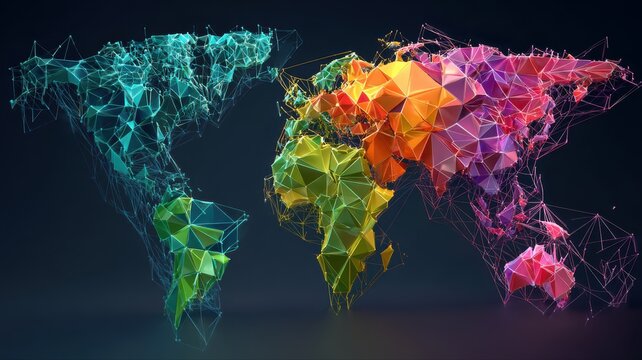 Colorful geometric world map design with connected lines and shapes created with a digital art style showing continents in bright colors