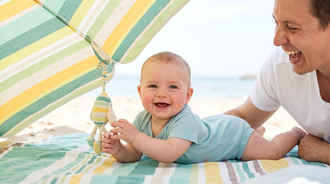 Baby lying under an umbrella and smiling while playing on the beach - Concept of Summer baby birth  