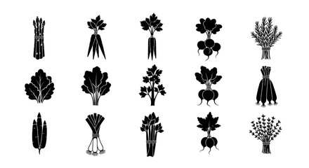 Collection of various vegetables and herbs in black silhouette on white background © Prema