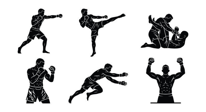 Martial arts silhouettes vector boxing kickboxing fighting