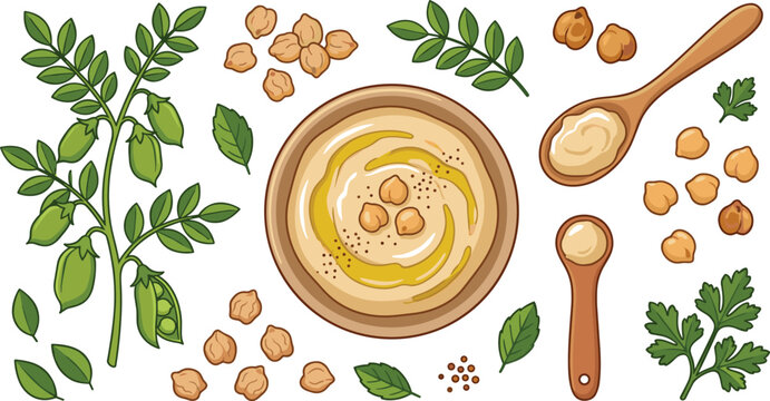 Hummus Ingredients Collection Featuring Chickpeas Olive Oil Herbs and Traditional Mediterranean Dip Food Vector Illustration Set