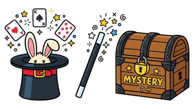 Magic show illustration featuring rabbit in top hat magic wand and wooden mystery treasure.