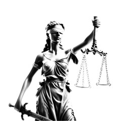 Obraz premium Black and white halftone illustration of Lady Justice holding scales and sword, symbol of law, court, fairness and legal authority isolated on white background.