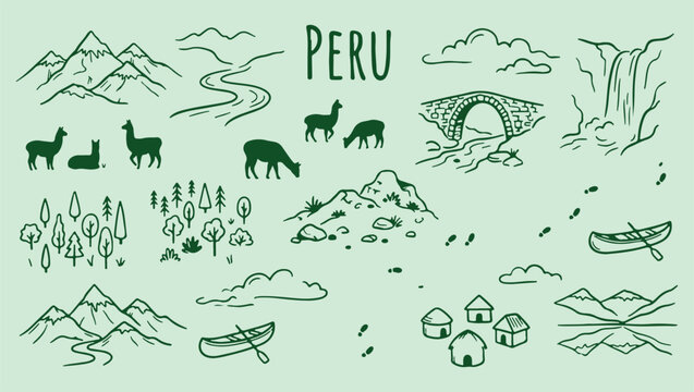 Peru travel landscape doodle, scenic andean mountain sketch, minimalist peruvian nature art, clean river valley illustration, premium andean destination vector, isolated hiking assets, iconic travel v