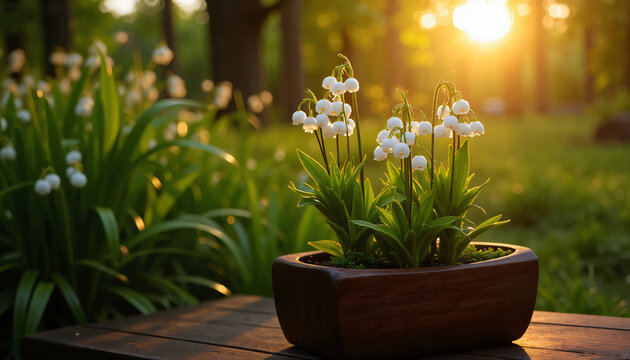 Wundersch&ouml;ne kleine Topfpflanze mit strahlend wei&szlig;en Bl&uuml;ten in voller Bl&uuml;te auf einer rustikalen Holzbank im sanften Licht eines goldenen Sonnenuntergangs in einem Garten