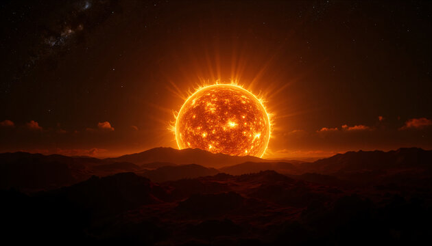 Atemberaubender Sonnenuntergang &uuml;ber einer majest&auml;tischen Berglandschaft mit einer gro&szlig;en, strahlenden Sonne, die den Himmel in warme Goldt&ouml;ne taucht und eine friedliche Stimmung verbreitet