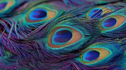 Colorful peacock feathers displayed in a close-up view showing the vivid patterns and designs in bright light