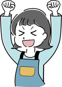 エプロン姿でガッツポーズをして喜ぶ女性のシンプルイラスト（主婦・家事・応援・人物素材） / Simple Illustration of a Woman Wearing an Apron Looks Happy and Making a Victory Pose (Housewife, Housework, Encouragement)