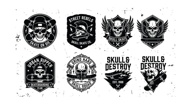 Skateboarding badges vector black and white skull