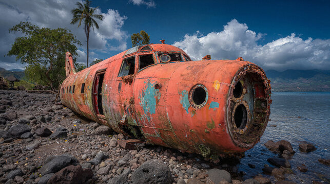 Wrecked vintage airplane fuselage resting on a rocky shore by the sea