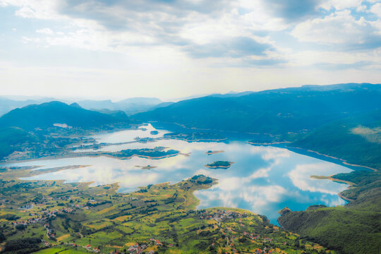 Ramsko Lake (Ramsko jezero) with its unique islands and peninsulas from the Zahum viewpoint, Bosnia and Herzegovina.