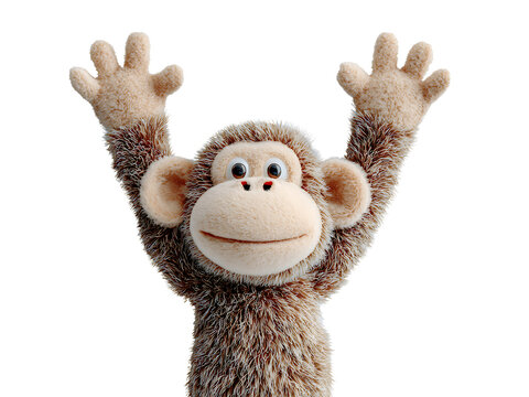 Playful stuffed monkey toy with raised arms and happy expression soft brown fur and cheerful demeanor isolated on a white or transparent background