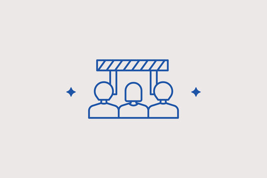 Striped crowd control barrier with people silhouettes line icon for public safety management. Professional vector illustration for urban protest control, event security workflows