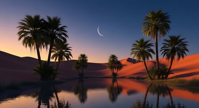 Serene Oasis Sunset Palm Trees with Water, and and Crescent Moon in the Desert.