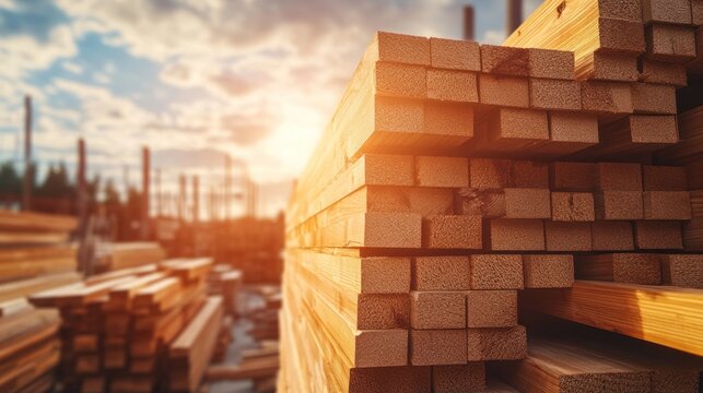 Stacked wooden beams in a lumberyard
