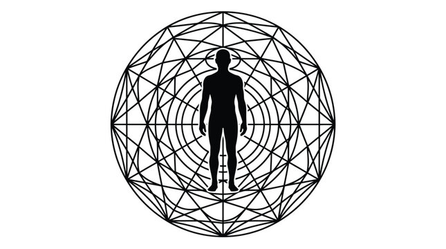 Minimalist black and white vector illustration of a human silhouette centered inside a sacred geometric pattern