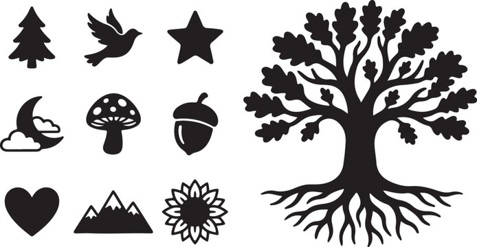 Nature Symbols and Icons in Black Silhouette Style