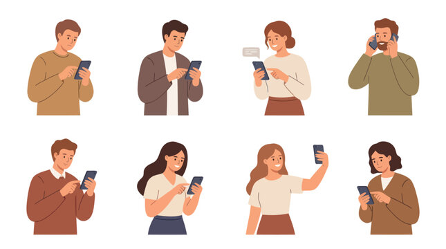 Technology and Communication: Flat Design Vector Illustration of Diverse People Using Smartphones