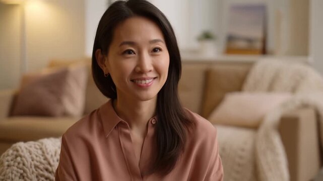 A close-up of an Asian female therapist with a gentle smile. Soft textiles and warm lighting create an intimate atmosphere of acceptance, trust, and genuine human connection in therapy.