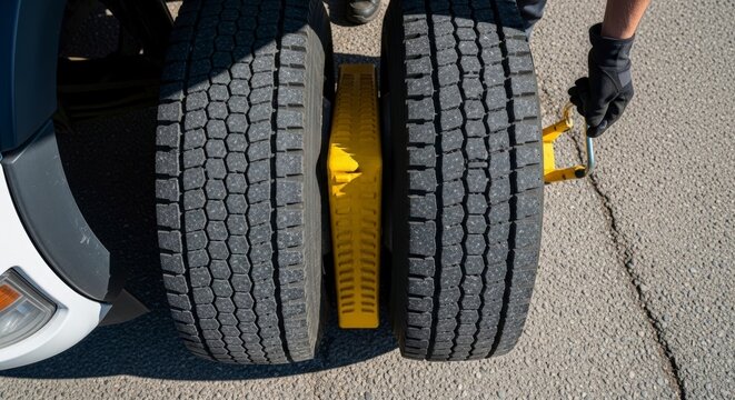 Close-up of vehicle wheel chocked safely.