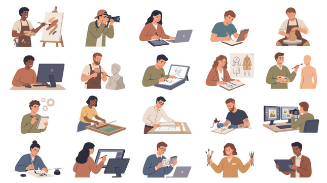 Diverse Artists Working in Various Creative Fields, Digital Art Flat Style