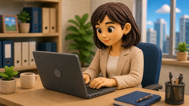 オフィスでノートパソコンに向かって作業する女性3Dクレイアートキャラクターのビジネスシーン