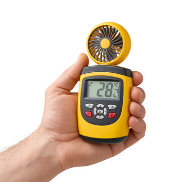 Hand holding a digital anemometer measuring wind speed at 28 degrees celsius