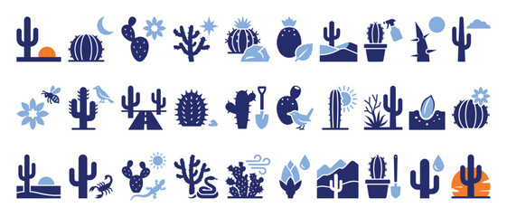 Naklejka premium Set of desert cactus icons. Succulents, arid landscape, nature plants, desert flora symbols. Environment, travel, outdoor adventure pictogram collection.