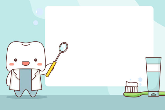 Adorable dentist tooth cartoon character holding a dental mirror next to a large empty text banner with a toothbrush and toothpaste on the side