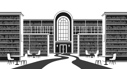 Black and white illustration of a modern library interior featuring tall bookshelves, a large arched window, and study tables with chairs, conveying a quiet academic and educational atmosphere. © Hafiz