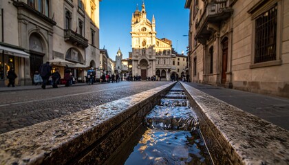 Naklejka premium Historic European city square with cobblestone pavement and Gothic cathedral.