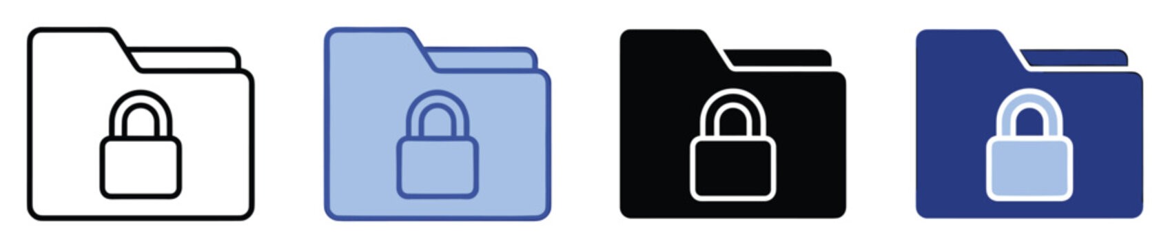 Set of locked folder icons. Secure file, private directory, confidential document symbol. Outline, solid, flat, and line style vector graphic.