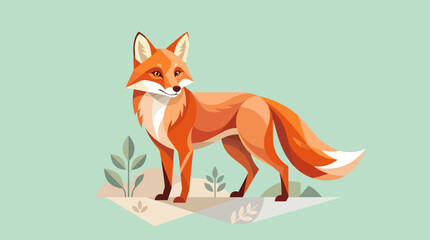 Fototapeta premium A vibrant orange fox stands on a patch of land surrounded by green plants.