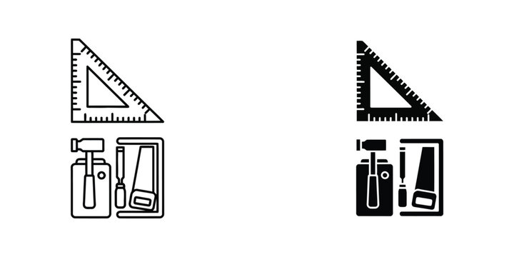 Set of drafting tools including triangles and hammer icon