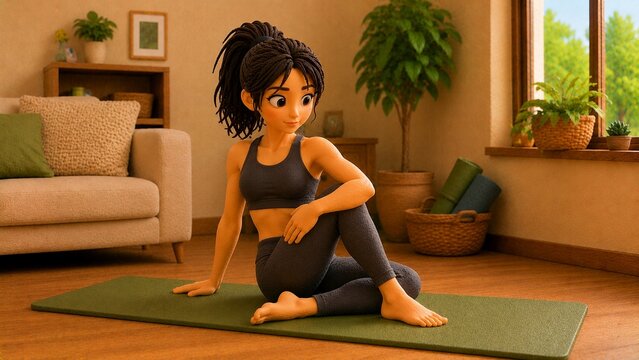 リビングのヨガマットの上で休憩姿勢でくつろぐ女性3Dクレイアートキャラクターのフィットネス休憩シーン