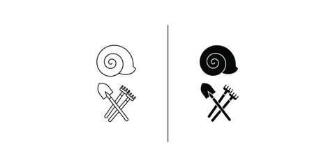 Simple snail and crossed gardening tools icon set © Kalam